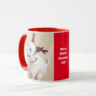 Cute Grinning Reindeer Puppy Dog Red Christmas Mug