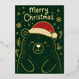Cute Grizzly Bear Merry Christmas Foil Holiday Card