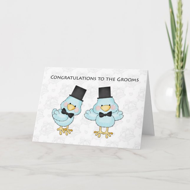 Cute Groom Birds, Gay Men Wedding Congratulations Card (Front)