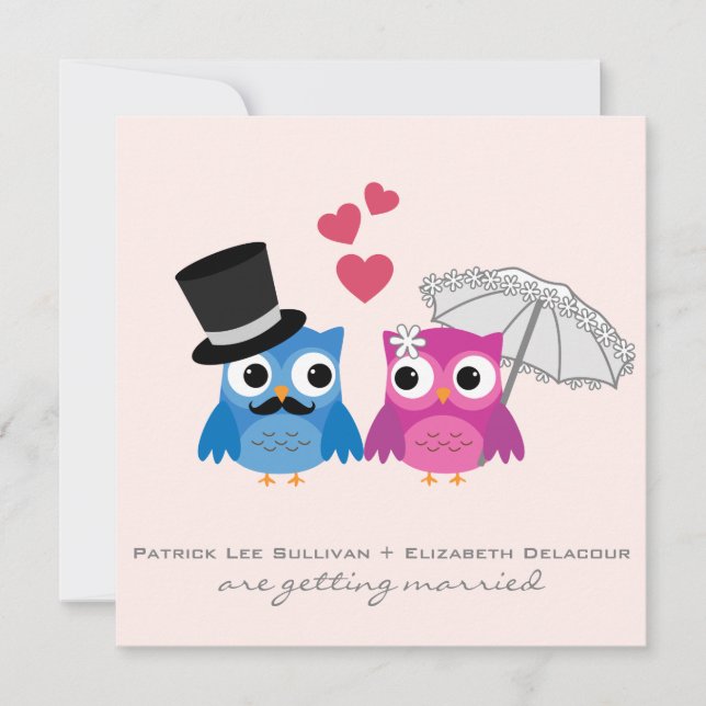 Cute Groom Owl and Bride Owl Wedding Invitation (Front)
