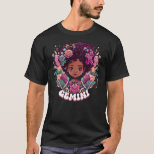 Cute Groovy Flower Gemini Zodiac Afro Girl May Jun T-Shirt