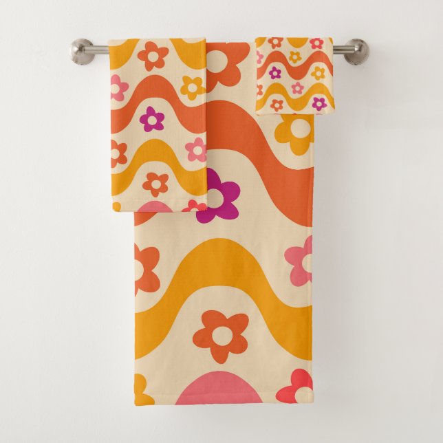 Cute Groovy flowers pattern on retro waves  Bath Towel Set (Insitu)