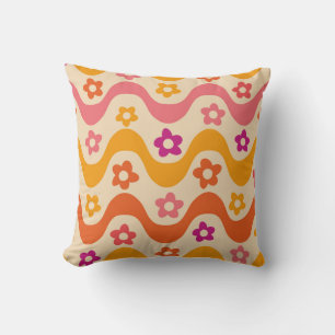 Cute Groovy flowers pattern on retro waves Cushion