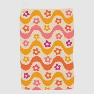 Cute Groovy flowers pattern on retro waves Golf Towel
