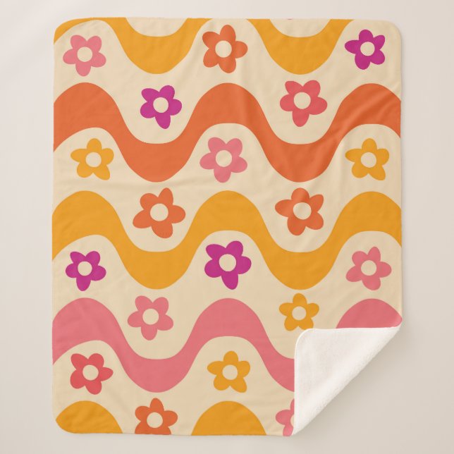 Cute Groovy flowers pattern on retro waves   Sherpa Blanket (Front)