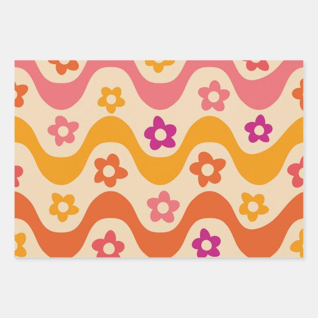 Cute Groovy flowers pattern on retro waves  Wrapping Paper Sheet (Front 3)