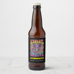 Cute Groovy Hippie Axolotl Retro 70s Rainbow Art Beer Bottle Label