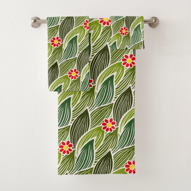  Cute Groovy Hippie Red Green Daisy Floral Pattern Bath Towel Set (Insitu)