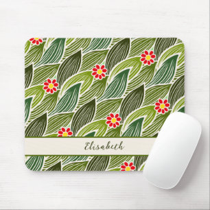 Cute Groovy Hippie Red Green Daisy Floral Pattern Mouse Mat