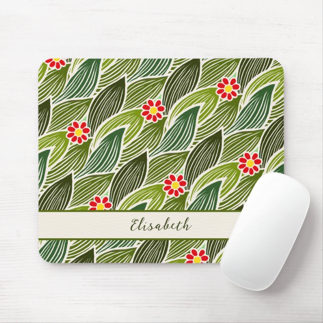 Cute Groovy Hippie Red Green Daisy Floral Pattern Mouse Mat (With Mouse)