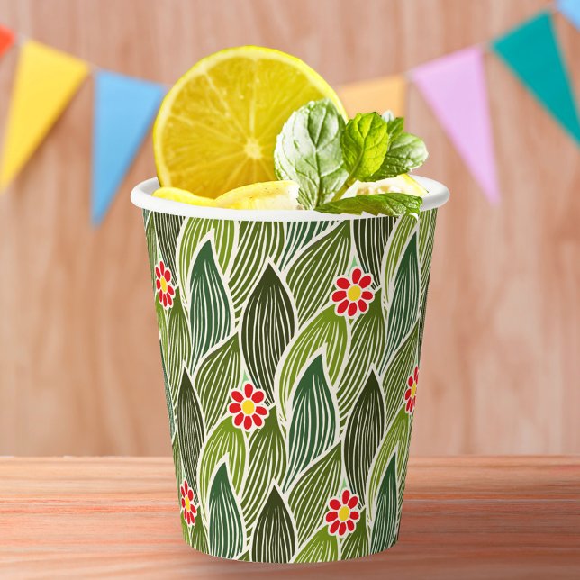  Cute Groovy Hippie Red Green Daisy Floral Pattern Paper Cups (Creator Uploaded)