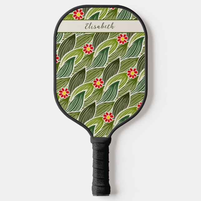  Cute Groovy Hippie Red Green Daisy Floral Pattern Pickleball Paddle (Front)