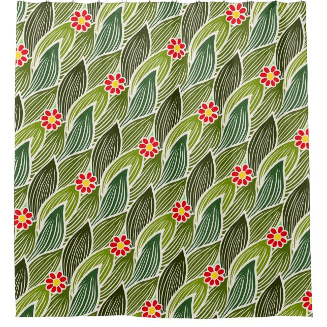  Cute Groovy Hippie Red Green Daisy Floral Pattern Shower Curtain (Front)