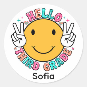 Cute Groovy Smiley Face Hello Third Grade Back To Classic Round Sticker