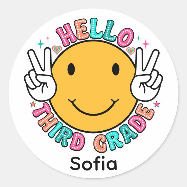 Cute Groovy Smiley Face Hello Third Grade Back To  Classic Round Sticker (Front)