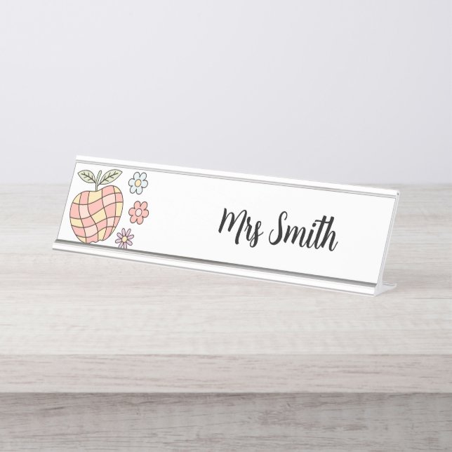 Cute Groowy Apple & Flowers Teacher's  Desk Name Plate (Front)