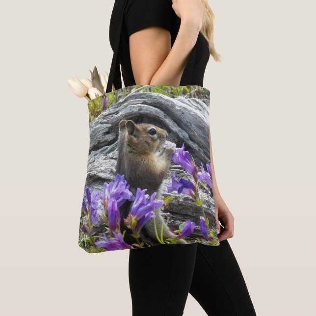 Cute Ground Squirrel and Wildflowers Nature Photo Tote Bag (Close Up)