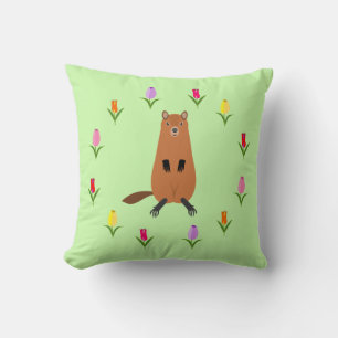 Cute Groundhog and Tulip Flowers Cushion