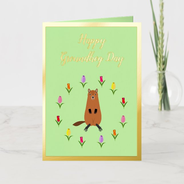 Cute Groundhog and Tulip Flowers Custom Foil Greeting Card (Front)