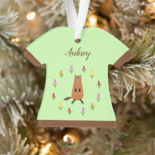 Cute Groundhog and Tulip Flowers Custom Name Ornament
