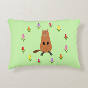 Cute Groundhog and Tulip Flowers Decorative Cushion