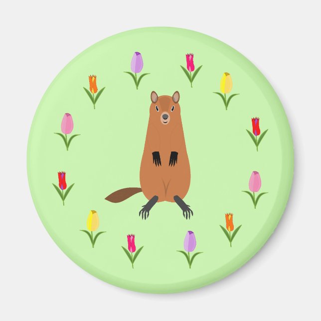 Cute Groundhog and Tulip Flowers Magnet (Front)