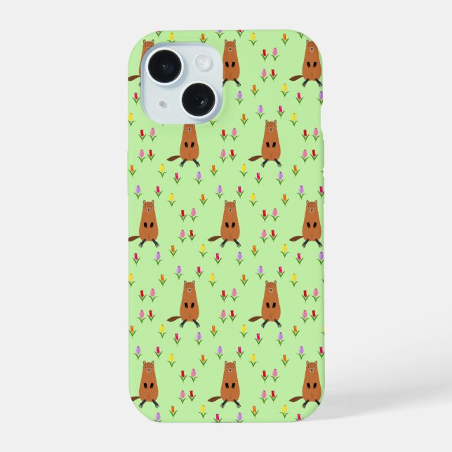 Cute Groundhog and Tulip Flowers Patterned iPhone 15 Case (Back)