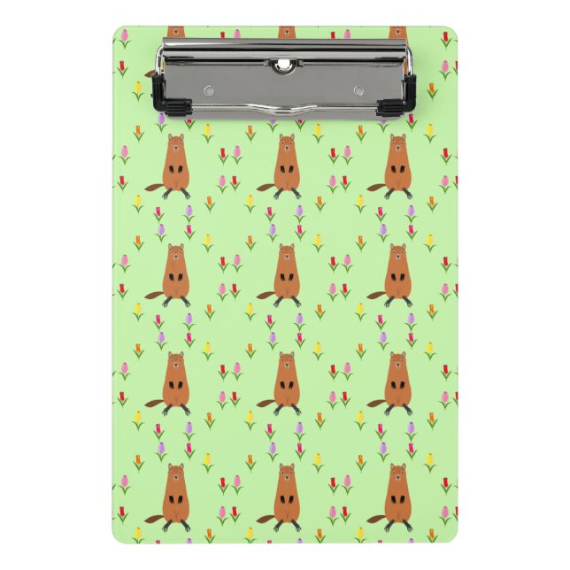 Cute Groundhog and Tulip Flowers Patterned Mini Clipboard (Front)