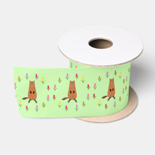 Cute Groundhog and Tulip Flowers Patterned Satin Ribbon