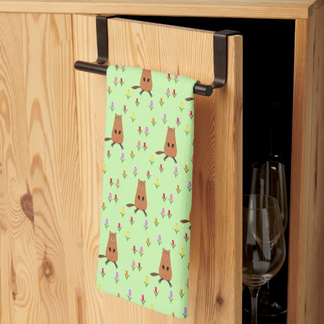 Cute Groundhog and Tulip Flowers Patterned Tea Towel (Thirds Fold)