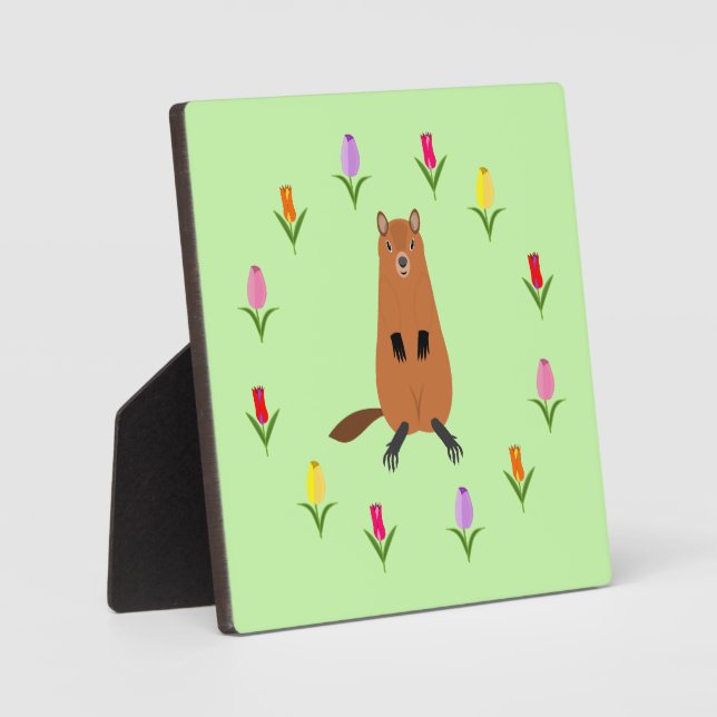 Cute Groundhog and Tulip Flowers Plaque (Front)