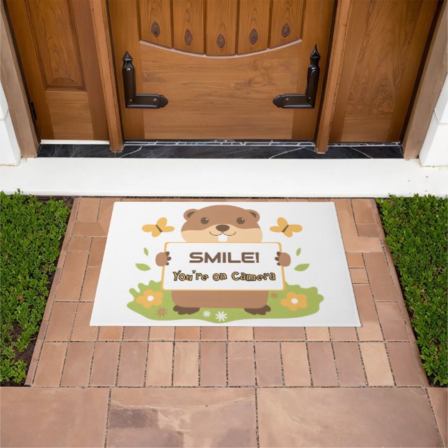 Cute Groundhog “Smile You’re on Camera” Security Doormat (Outdoor)