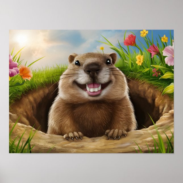 Cute Groundhog Smiling While Emerging  Poster (Front)