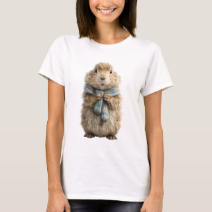 Cute Groundhog Wearing a Blue Knitted Scarf T-Shirt