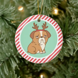 Cute Grumpy Bulldog With Reindeer Hairband Ceramic Tree Decoration