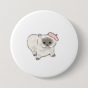 Cute Grumpy Cat Wearing Pink Beret Hand Drawn Art 7.5 Cm Round Badge