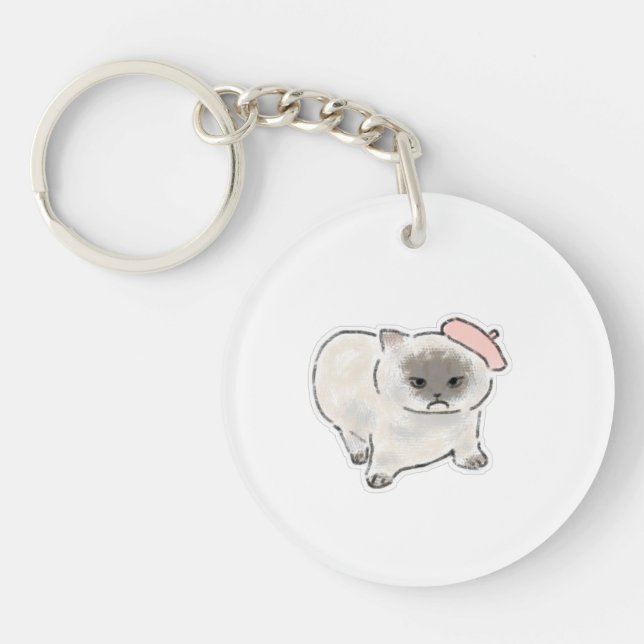 Cute Grumpy Cat Wearing Pink Beret Hand Drawn Art Key Ring (Front)