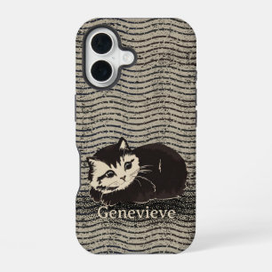 Cute Grunge Black White Cat Custom Name iPhone 16 Case