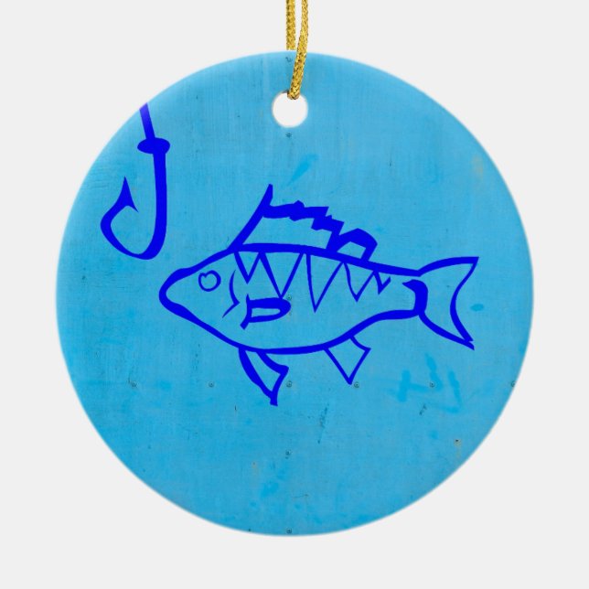 Cute Grunge blue fish and fishing hook Ceramic Tree Decoration (Front)