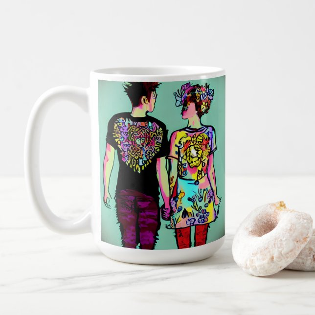 Cute Grunge Guy and Pretty Punk Girl Holding Hands Coffee Mug (With Donut)