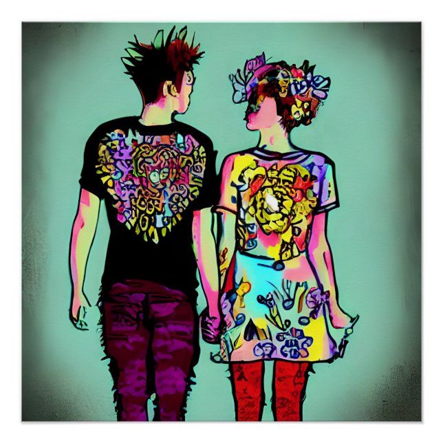 Cute Grunge Punk Rock Couple Holding Hands AI Art Poster (Front)