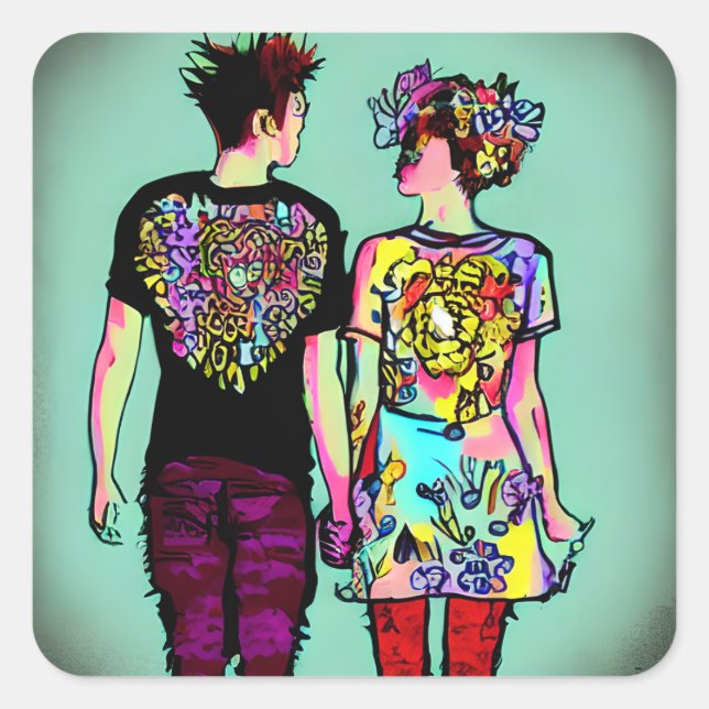 Cute Grunge Punk Rock Couple Holding Hands Square Sticker (Front)