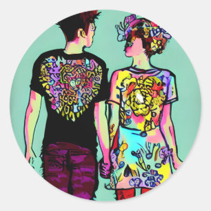 Cute Grunge Punk Rock Couple in Love Classic Round Sticker