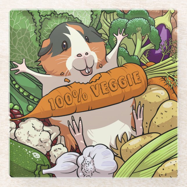Cute Guinea Pig 100% Veggie Carrot Cartoon Glass Coaster (Front)