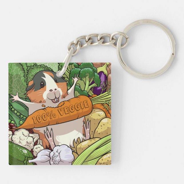 Cute Guinea Pig 100% Veggie Carrot Cartoon Key Ring (Back)
