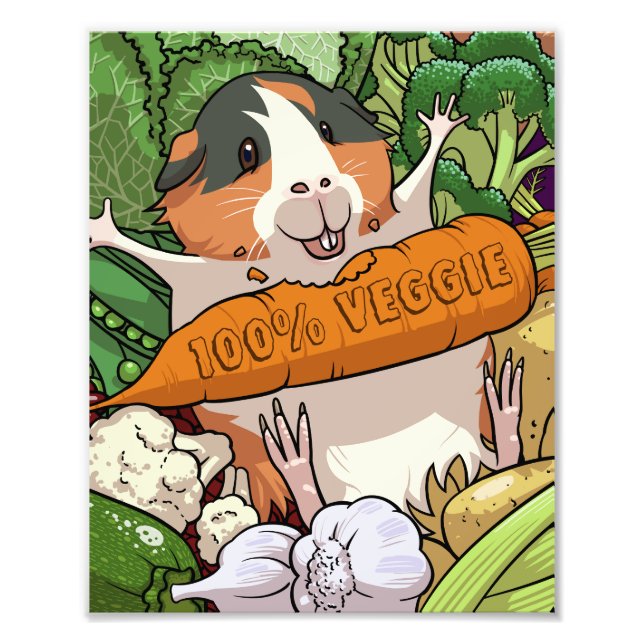 Cute Guinea Pig 100% Veggie Carrot Cartoon Photo Print (Front)
