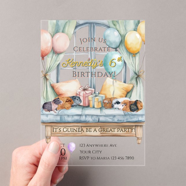 Cute Guinea Pig Acrylic Birthday Party Invitation (Insitu (Handheld))