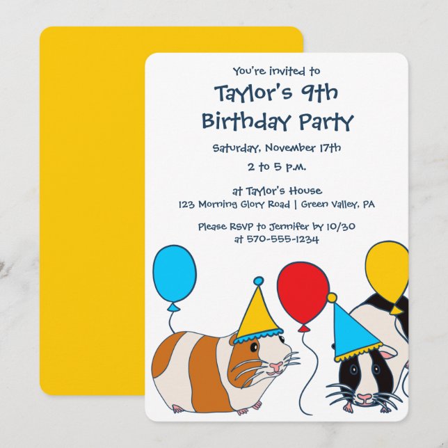 Cute Guinea Pig and Balloons Birthday Party Invitation (Front/Back)