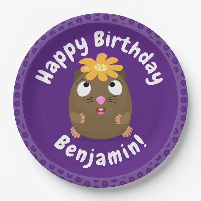 Cute guinea pig cartoon personalised birthday paper plate (Front)