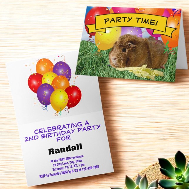 Cute Guinea Pig Children's Birthday Party Balloons Invitation (Folded greeting card invitation template cover and inside)